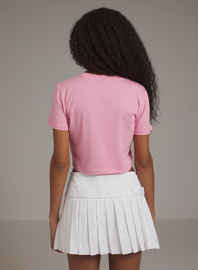 trendyol Pink Bow Detail Crop Short Sleeve Crew Neck Stretchy Knitted T-Shirt - Image 4