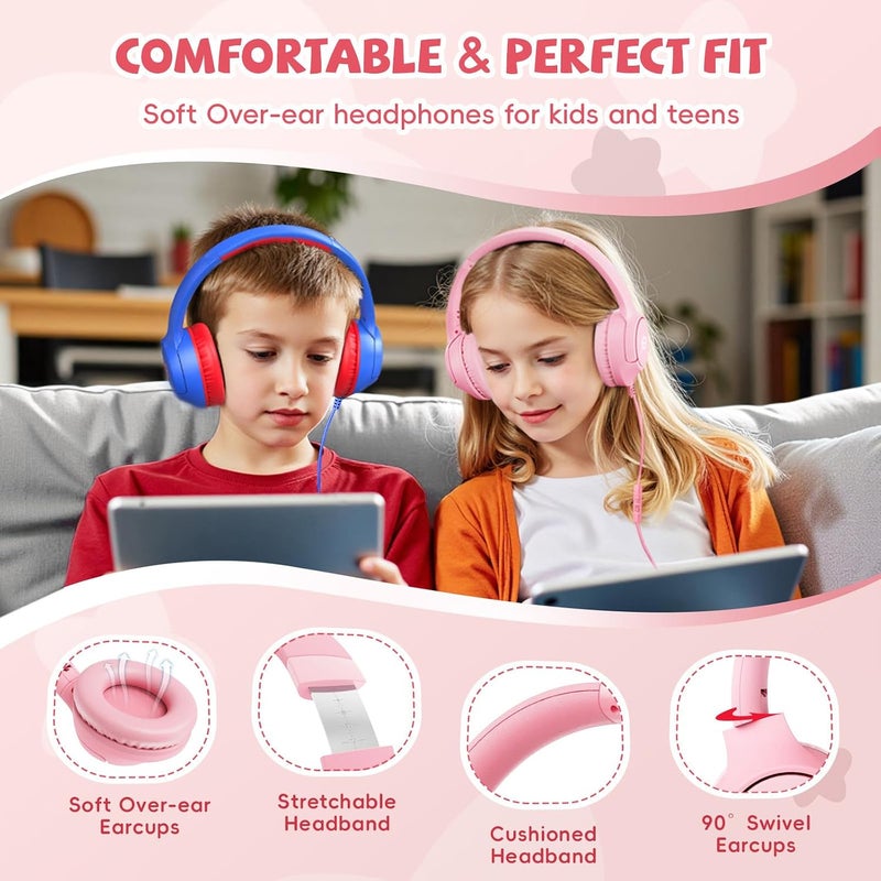 Botesty Sound Kids Headphones with Cord, 85/94dB Volume Limit, Wired Over-Ear Girls Headphones for Kids with Microphone Stereo Sound 3.5mm Plug Lightweight for Kindle Tablet School Airplane Travel, Pink - Image 5
