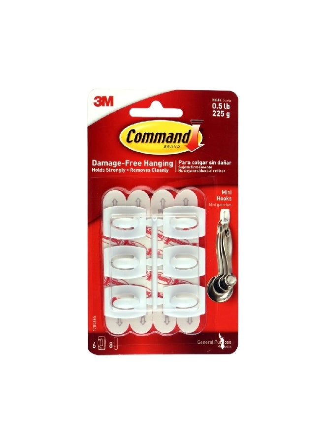 3M 6-Piece Mini Hooks with 8 Strips White 1.08 x 0.85 x 0.44 inch 17006ES - Image 1