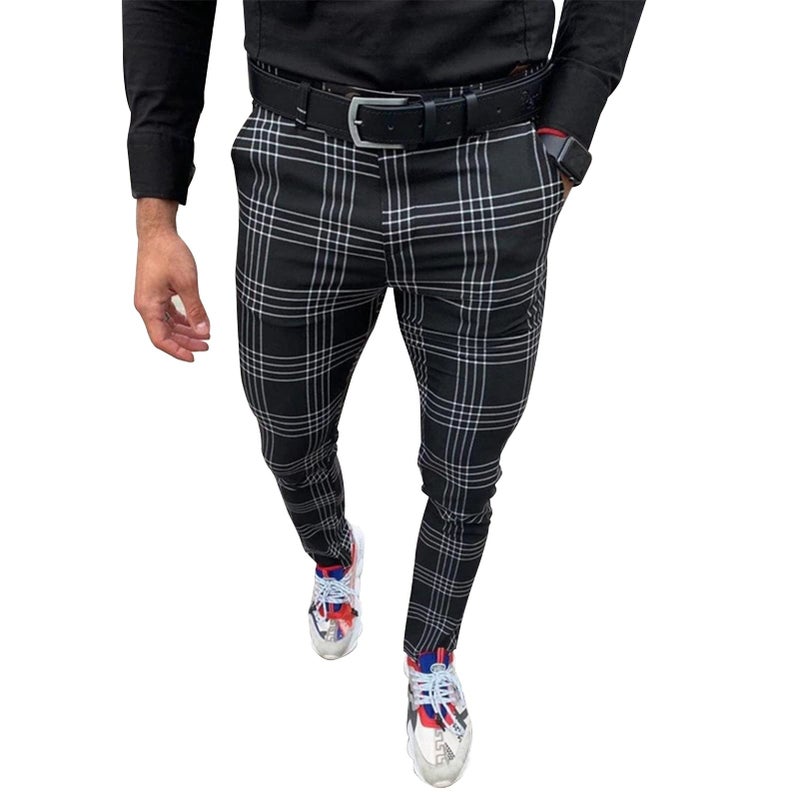 Percle Men's Fashion Stretch Dress Pants Slim Fit Plaid Pants Business Suit Pants Casual Golf Pants Black - Image 5