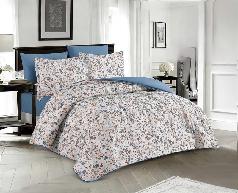 Happymoon Floral Microfiber Comforter Bedding Set 6 Pieces Luxury Soft Comforter Set with Fitted Sheet & Pillow Shams, 250x230 cm Lightweight Breathable Snap Closure Bed Set