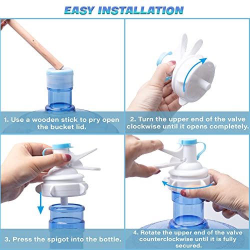 OHOH 2 Pack Water Dispenser Valve, Water Jug Dispenser Valve, Jug Cap Bottle Spout Reusable Plastic Spigot Faucet with Dustproof Cap and Wood Stick for 55mm Non Threaded Crown Top Drinking Bottle - Image 3