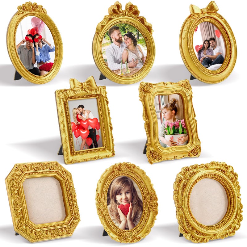 Qunclay 8 Pcs Vintage Picture Frames Set Gold Tiny Picture Frames Wallet Size Baroque Antique Resin Photo Decor for Valentines Day Wedding Party Tabletop Home Decor(Mixed Style 1) - Image 1