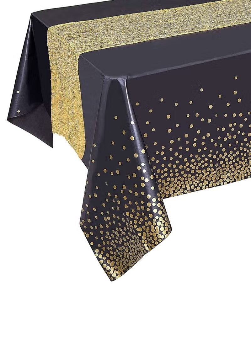 Black Tablecloth Gold Sequin Table Runner Set, Black and Gold Party Decorations, Rectangle Table Cover Plastic Table Cloths for Parties, Gold Table Runners, for Graduation Birthday Anniversary - Image 1
