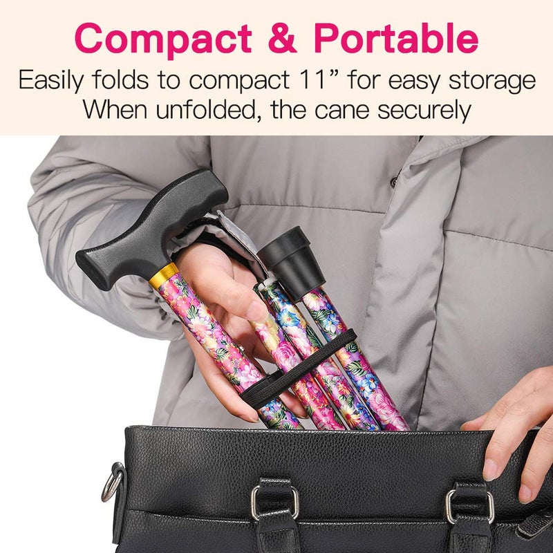 LIXIANG Walking Cane LIXIANG Cane for Woman | Mobility & Daily Living Aids | 5-Level Height Adjustable Walking Stick | Comfortable Plastic T-Handle Pink Print - Image 2