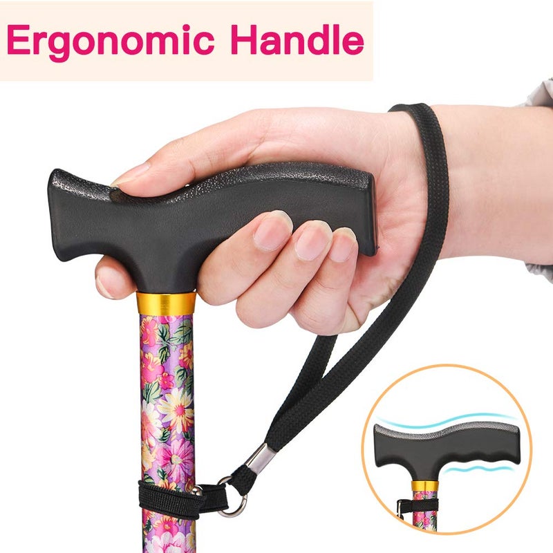 LIXIANG Walking Cane LIXIANG Cane for Woman | Mobility & Daily Living Aids | 5-Level Height Adjustable Walking Stick | Comfortable Plastic T-Handle Pink Print - Image 4