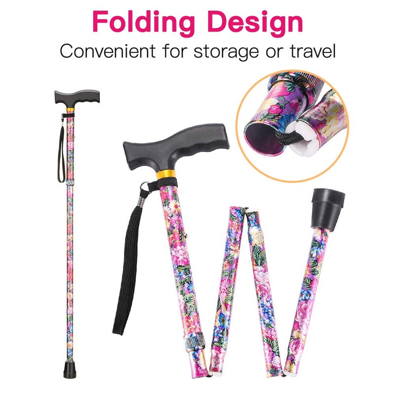 LIXIANG Walking Cane LIXIANG Cane for Woman | Mobility & Daily Living Aids | 5-Level Height Adjustable Walking Stick | Comfortable Plastic T-Handle Pink Print - Image 3