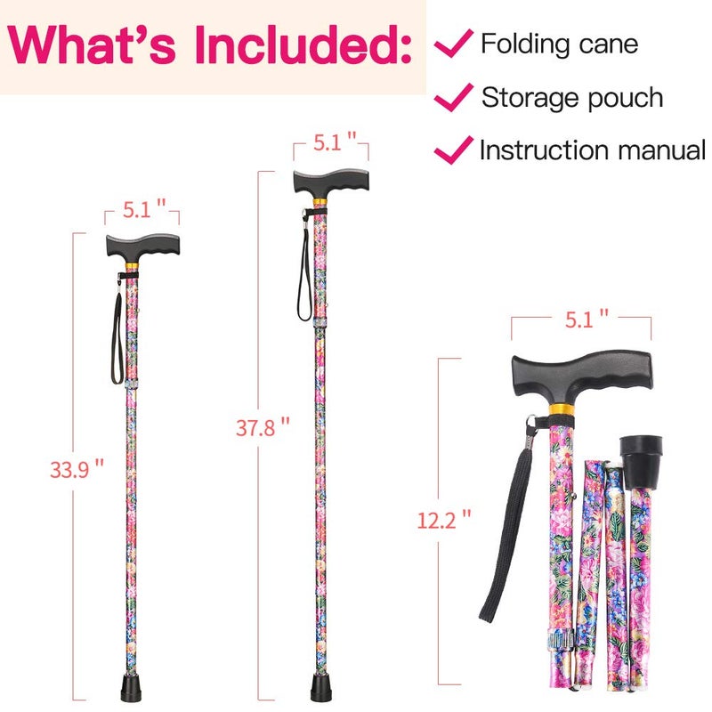 LIXIANG Walking Cane LIXIANG Cane for Woman | Mobility & Daily Living Aids | 5-Level Height Adjustable Walking Stick | Comfortable Plastic T-Handle Pink Print - Image 5
