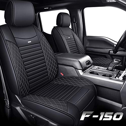 Aierxuan 2 Front Seat Covers 2009-2025 Ford F150 Truck Pickup Crew Regular Extended Cab Waterproof Leather Seat Protectors Custom Fit for 2017-2025 F250 F350 F450(2 PCS Front, Black-White) - Image 2