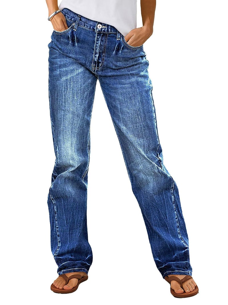 Flamingals Straight Leg Boyfriend Jeans for Women Trendy Mid Rise Wash Stretchy Casual Baggy Jeans Mid Blue S - Image 1