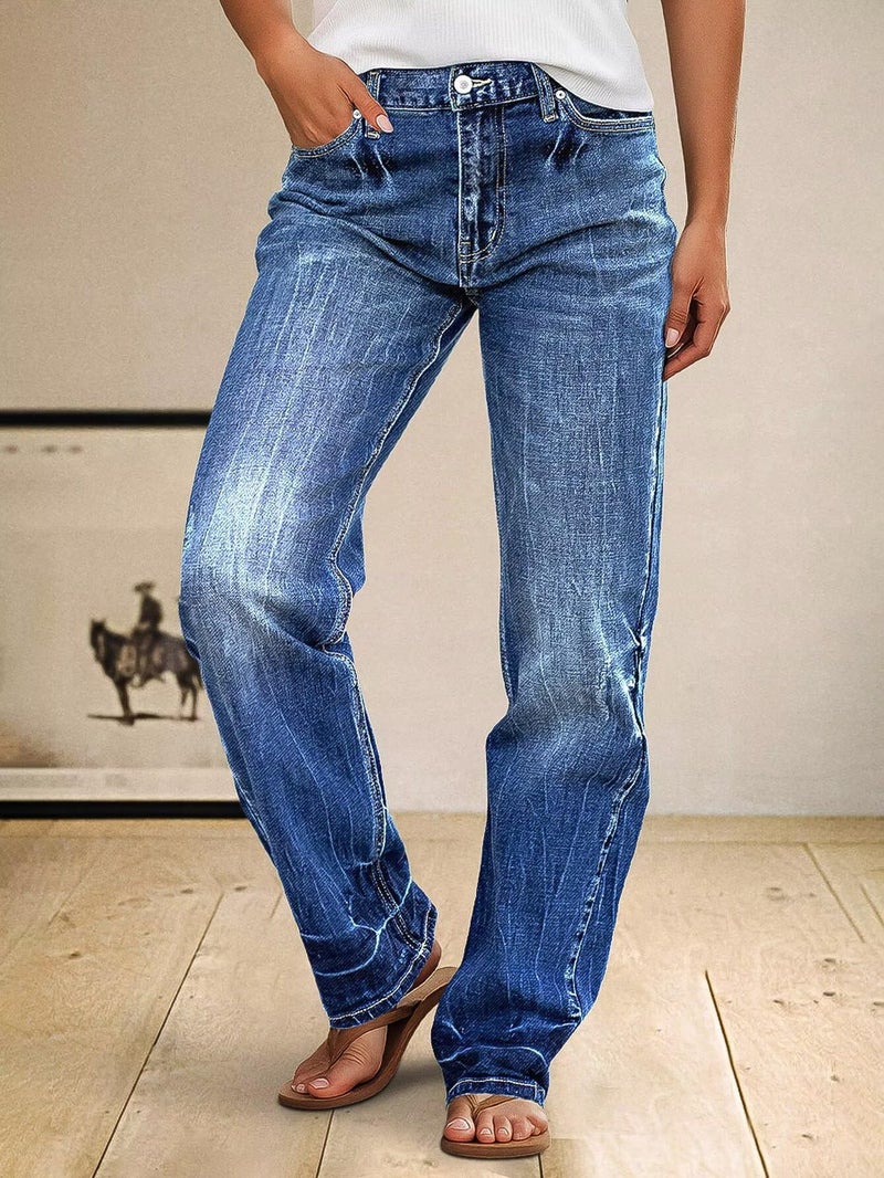 Flamingals Straight Leg Boyfriend Jeans for Women Trendy Mid Rise Wash Stretchy Casual Baggy Jeans Mid Blue S - Image 2