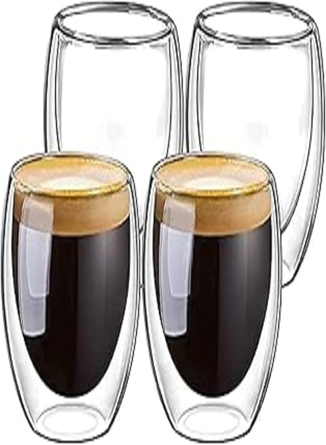 MIBRU Double Wall Glass for Espresso Turkish Tea Arabic Coffee Glass | Perfect for Latte Cappuccino Americano | Bubble Tea Demitasse Cups | Double layer Beverage Glassware Mugs 150ml (Pack 4)