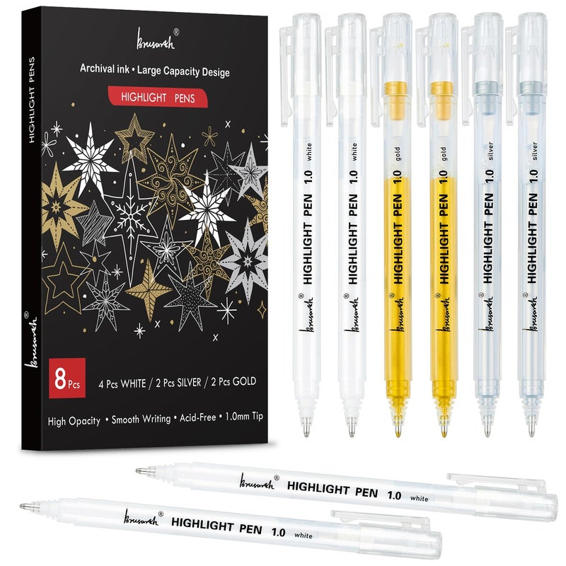 Brusarth Gold Silver White Gel Pens, 1mm Fine Point Gel Ink Pen Opaque Archival Ink Pens for Black Paper Drawing, Sketching, Illustration, Card Making, Bullet Journaling, 8 Pack - Image 1