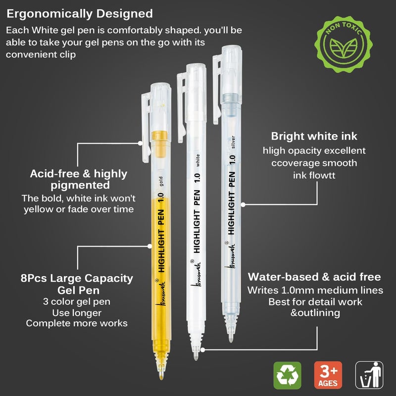 Brusarth Gold Silver White Gel Pens, 1mm Fine Point Gel Ink Pen Opaque Archival Ink Pens for Black Paper Drawing, Sketching, Illustration, Card Making, Bullet Journaling, 8 Pack - Image 2