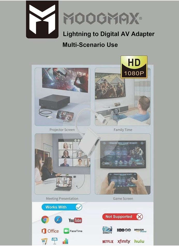 موجماكس - محول توصيلة كيبل HD الى ايفون أصلي بمنفذ HDMI و منفذ لايتنينج (ايفون) lightning لشحن الهاتف اثناء التوصيل. - Image 1