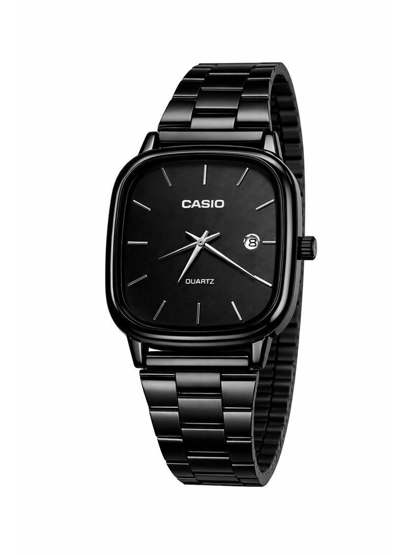 Casio Black Analog Watch for Men | Minimalist Stainless Steel Quartz Watch with Date Display