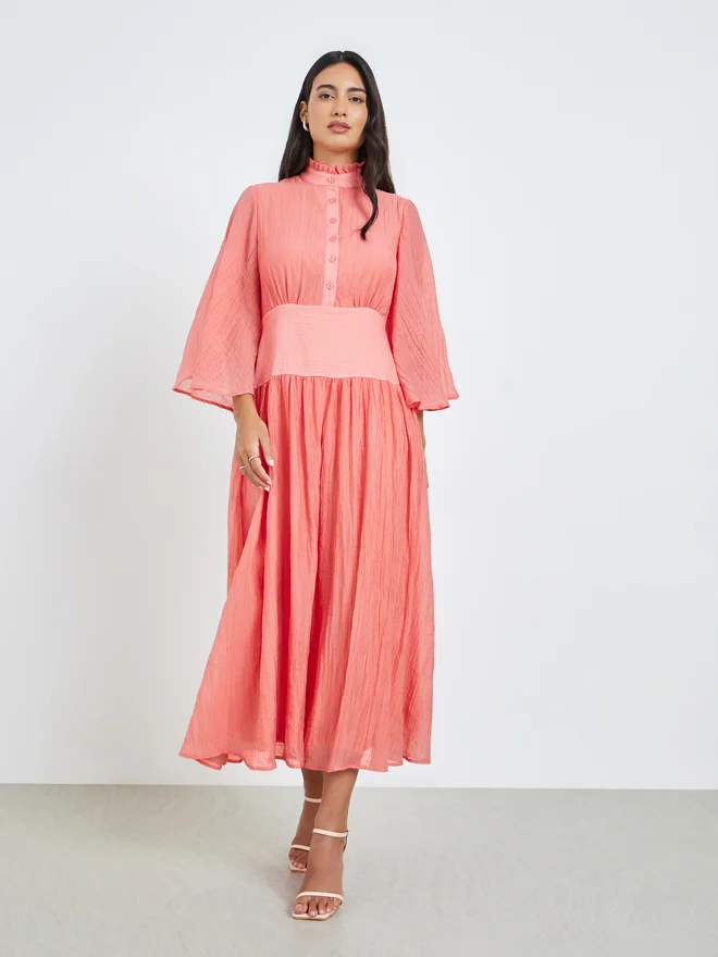ستايلي Styli Pink Crinkle A-Line Maxi Dress