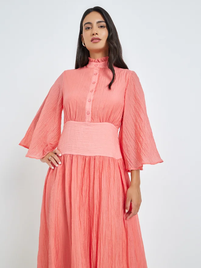 ستايلي Styli Pink Crinkle A-Line Maxi Dress