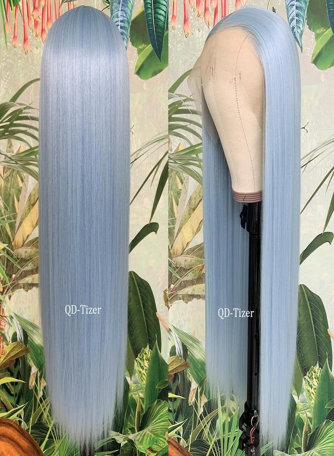 كيو دي-تيزير باروكة شعر مستعار أمامية طويلة مستقيمة من الدانتيل الأزرق الفاتح من كيو دي-تايزر، شعر مستعار صناعي بدون غراء، شعر مستعار أزرق بفروة رأس حرة للنساء ذوات البشرة السمراء - Image 4