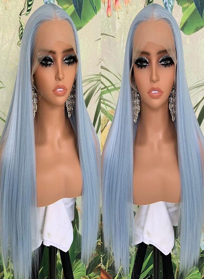 كيو دي-تيزير باروكة شعر مستعار أمامية طويلة مستقيمة من الدانتيل الأزرق الفاتح من كيو دي-تايزر، شعر مستعار صناعي بدون غراء، شعر مستعار أزرق بفروة رأس حرة للنساء ذوات البشرة السمراء - Image 5