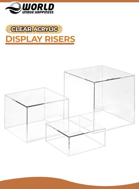 Set of 3 Clear Acrylic Cube Nesting Risers with Hollow Bottoms Perfect Modern Design Dice Display Blocks for Photo Prop, Trophies, Artefacts, and Decorations