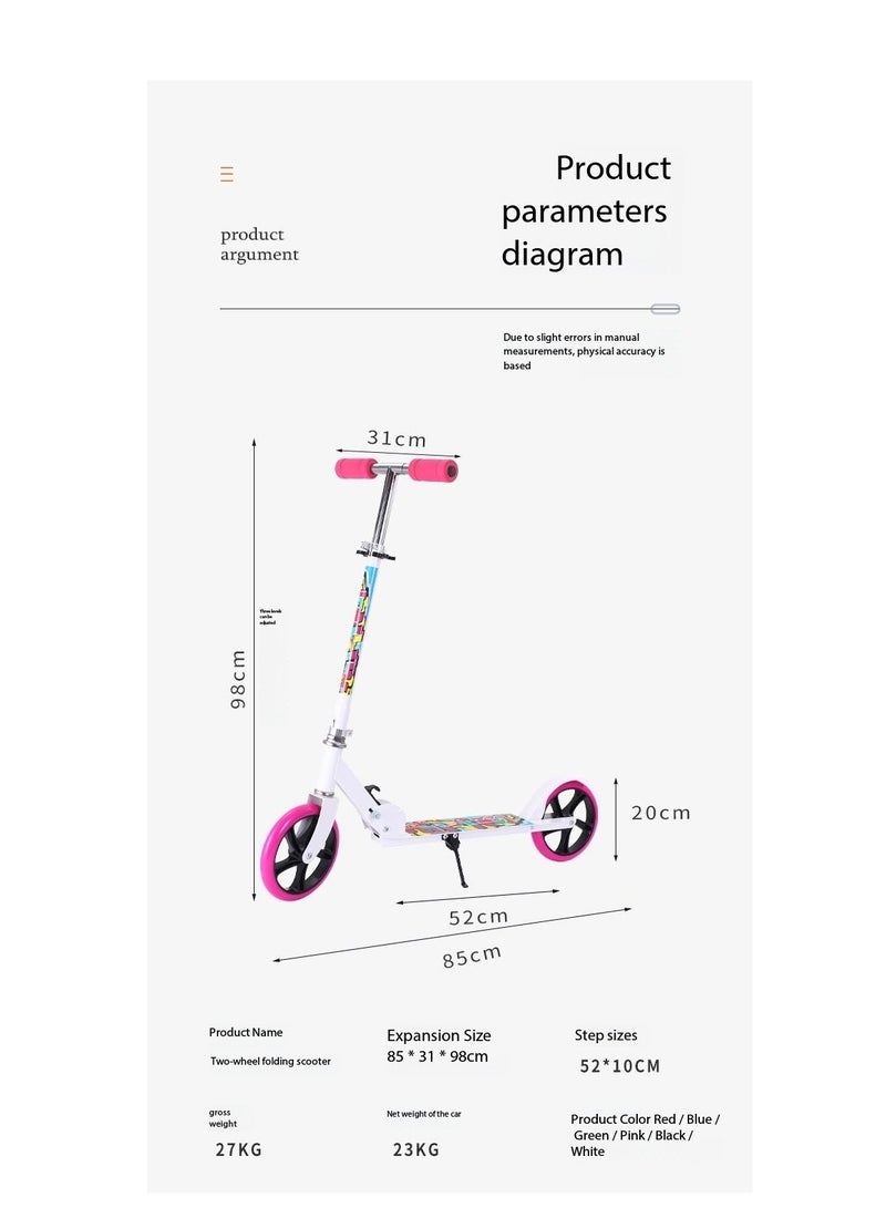 Foldable Adult Kick Scooter - Lightweight, Height-Adjustable Handlebars, Anti-Skid Wheels, Powerful Brakes - Portable Scooter for Urban Commuting, Supports Up to 100KG(White)