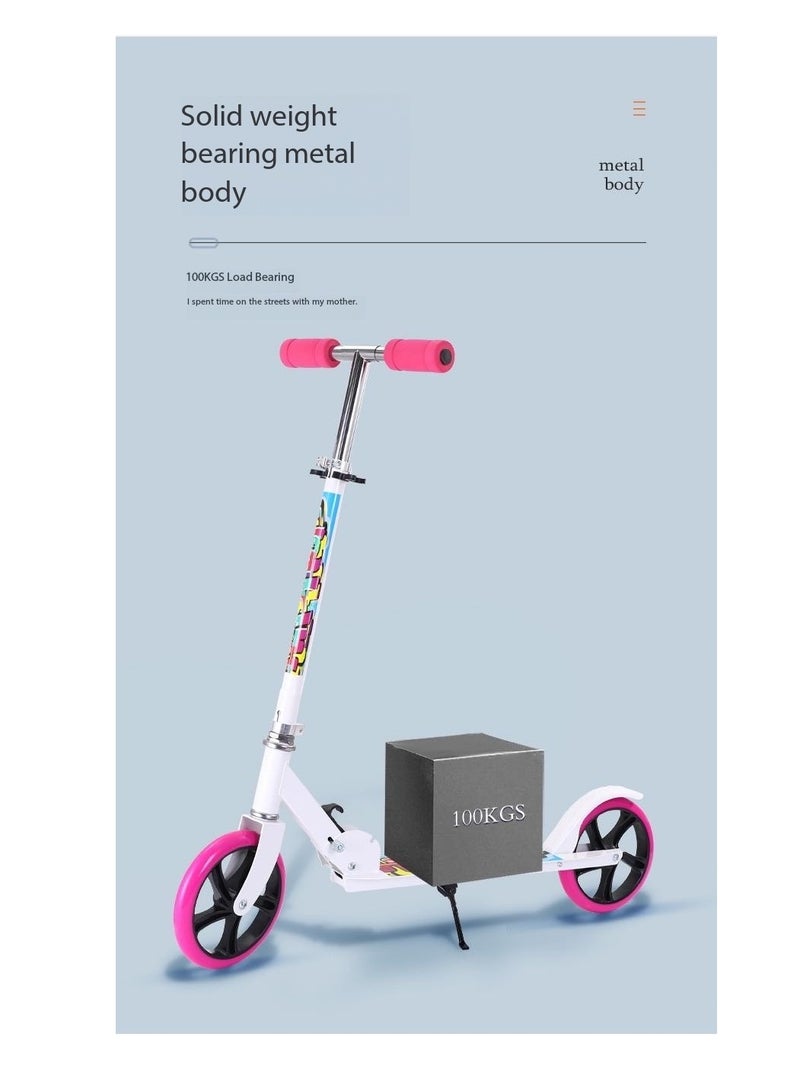 Foldable Adult Kick Scooter - Lightweight, Height-Adjustable Handlebars, Anti-Skid Wheels, Powerful Brakes - Portable Scooter for Urban Commuting, Supports Up to 100KG(White)