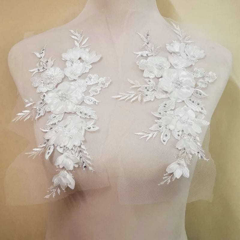Embroidered Patches Nail Bead Tulle Applique Flower Patch for Clothing Wedding Dress Lace Fabric DIY Decoration (White)