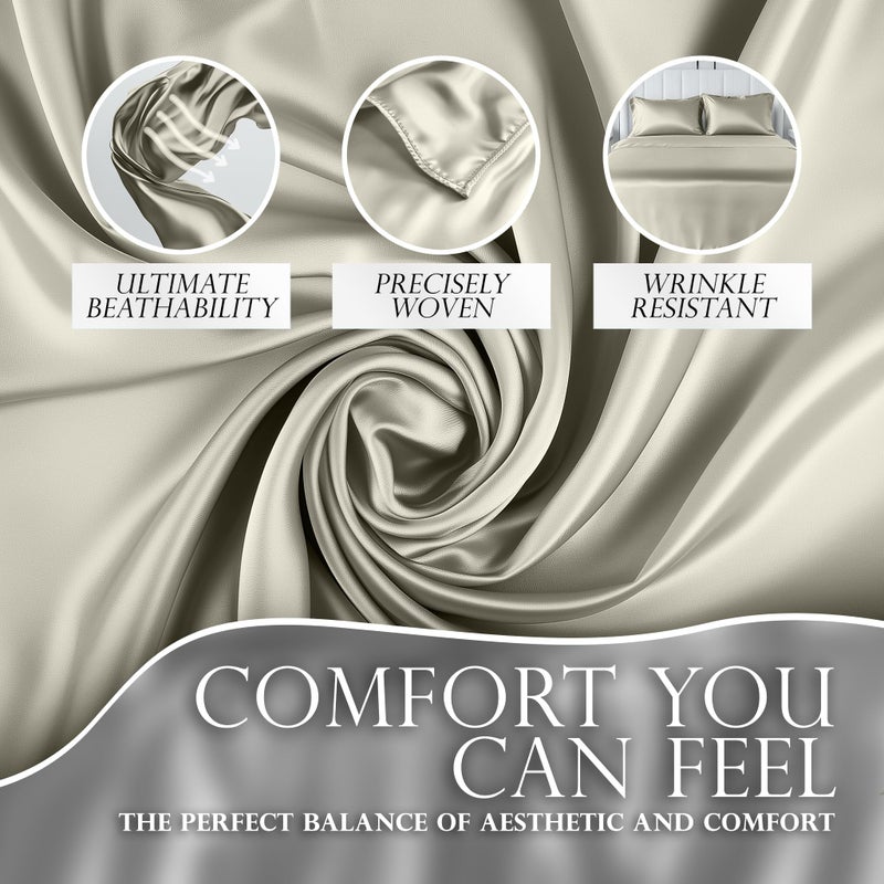 DECOLURE Satin Sheets King Size Set 4 Pcs - Silky & Luxuriously Soft Satin Bed Sheets w/ 15 inch Deep Pocket - Similar to Silk Sheets - Double Stitching  Wrinkle Free (Ivory) - Image 3