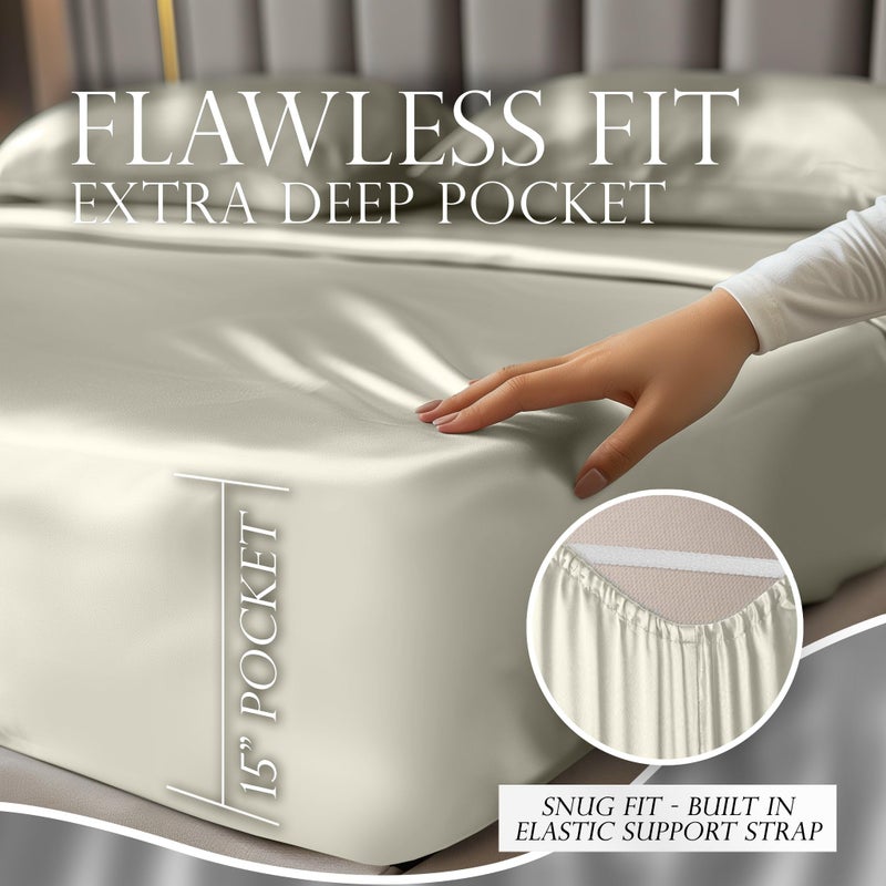 DECOLURE Satin Sheets King Size Set 4 Pcs - Silky & Luxuriously Soft Satin Bed Sheets w/ 15 inch Deep Pocket - Similar to Silk Sheets - Double Stitching  Wrinkle Free (Ivory) - Image 4