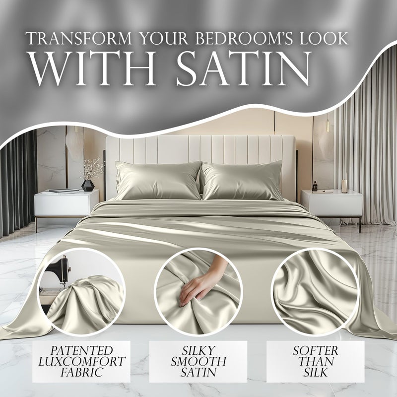 DECOLURE Satin Sheets King Size Set 4 Pcs - Silky & Luxuriously Soft Satin Bed Sheets w/ 15 inch Deep Pocket - Similar to Silk Sheets - Double Stitching  Wrinkle Free (Ivory) - Image 2