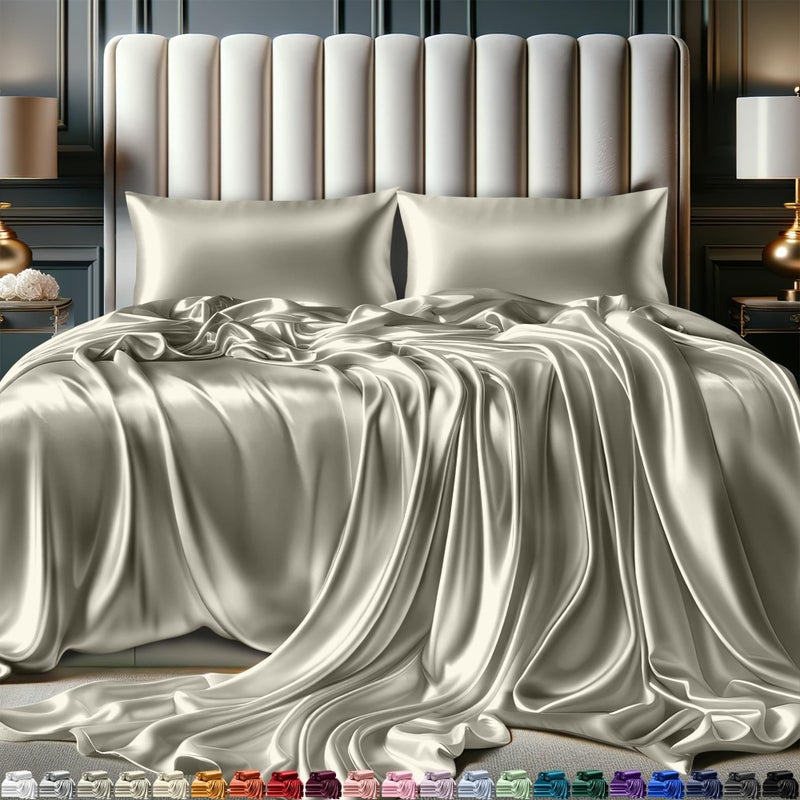 DECOLURE Satin Sheets King Size Set 4 Pcs - Silky & Luxuriously Soft Satin Bed Sheets w/ 15 inch Deep Pocket - Similar to Silk Sheets - Double Stitching  Wrinkle Free (Ivory) - Image 1