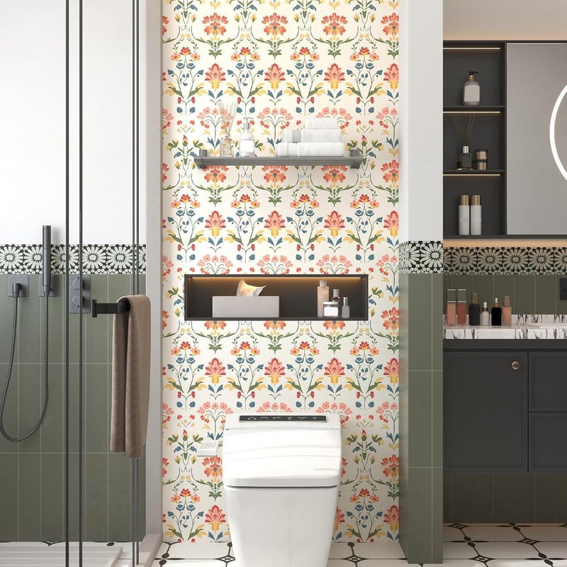VOLEAAR Extra Long Vintage Floral Wallpaper Beige, 17.5In x 393In Self-Adhesive Removable Boho Contact Paper for Nursery, Bedroom, Bathroom, Cubicle, Modern Waterproof Wall Decor for Office Spaces - Image 5