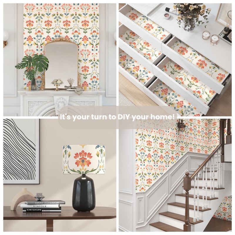 VOLEAAR Extra Long Vintage Floral Wallpaper Beige, 17.5In x 393In Self-Adhesive Removable Boho Contact Paper for Nursery, Bedroom, Bathroom, Cubicle, Modern Waterproof Wall Decor for Office Spaces - Image 2