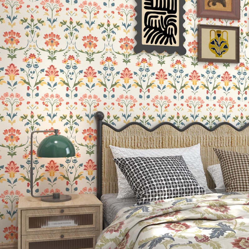 VOLEAAR Extra Long Vintage Floral Wallpaper Beige, 17.5In x 393In Self-Adhesive Removable Boho Contact Paper for Nursery, Bedroom, Bathroom, Cubicle, Modern Waterproof Wall Decor for Office Spaces - Image 3