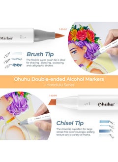 Ohuhu Ohuhu Alcohol Markers Brush Tip: 48-Color Double Tipped Art Marker Set for Artist Adults Coloring Illustrations -Honolulu -Brush & Chisel -Refillable  - Image 2