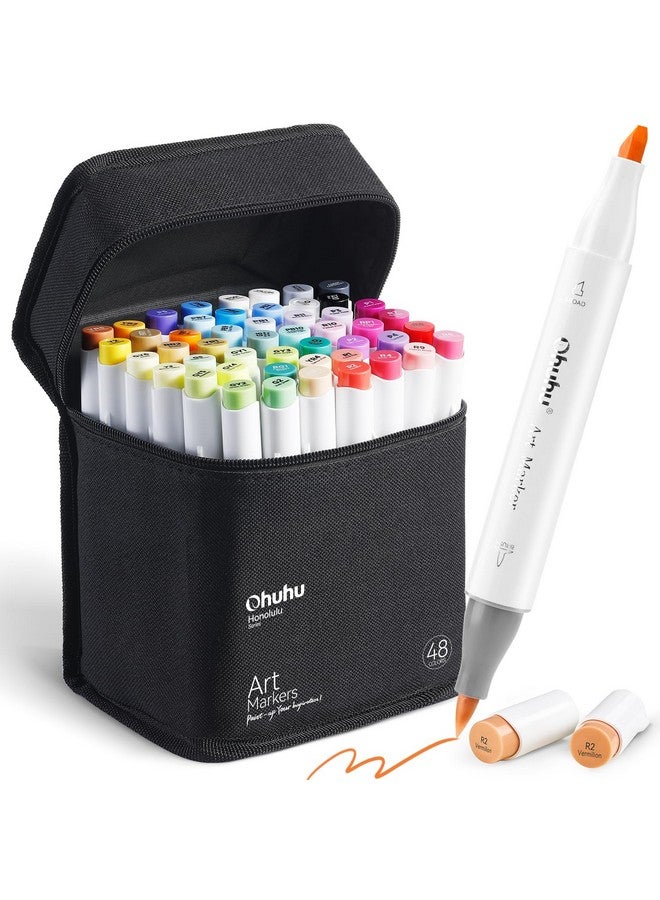 Ohuhu Alcohol Markers Brush Tip: 48-Color Double Tipped Art Marker Set for Artist Adults Coloring Illustrations -Honolulu -Brush & Chisel -Refillable - Image 1