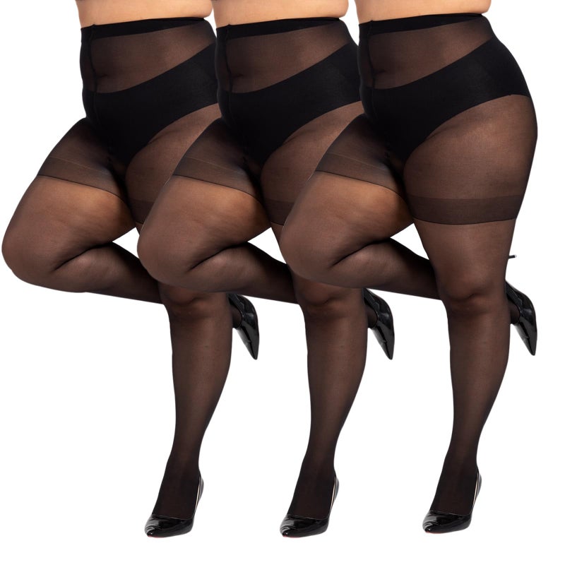 LADYFAN 3 Pairs Plus Size Womenâ€™s Sheer Tights 20D High Waist Control Top Pantyhose with Reinforced Toes - Image 1
