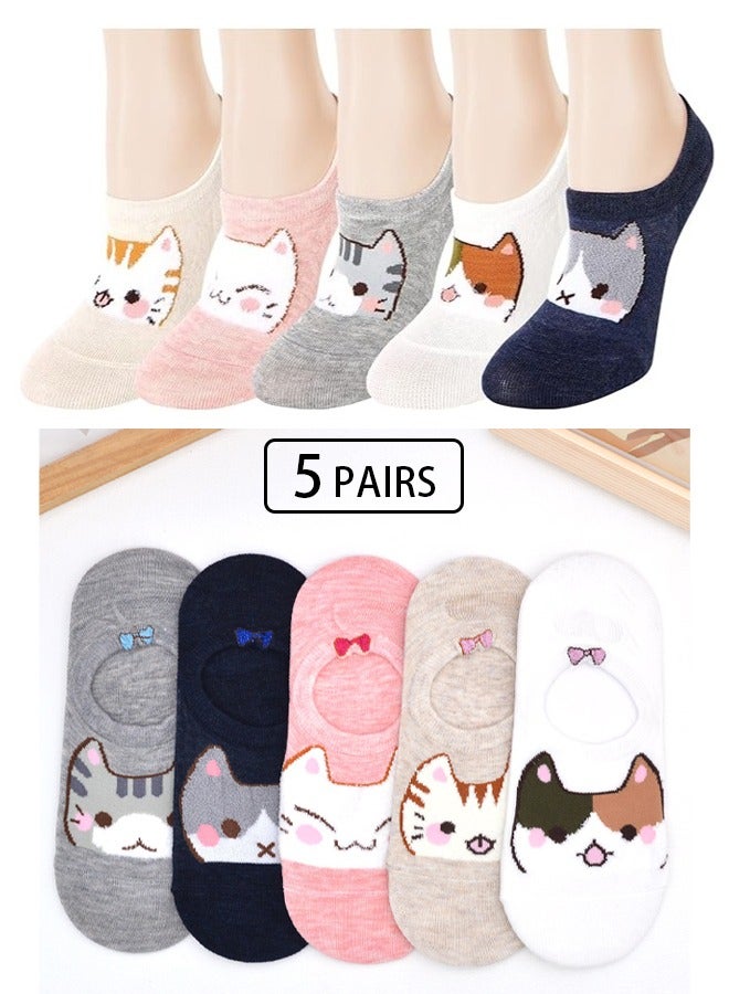 DUNISO 5 Pairs Women Fun Animal No Show Socks Non Slip Girls Cute Cat Short Socks Novelty Colorful Patterned Low Cut Socks Colourful Socks - Image 1