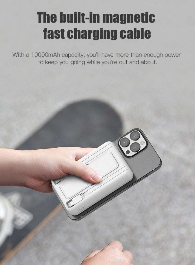 WST 10000mAh Wireless Magnetic Fast Charging Powerbank, Intelligent Digital Display, Integrated Stand, 2 Built-in-cables (1TypeC & 1Lightning), Other than Wireless -- 3Inputs & 4Outputs Ports for Charging - White  - Image 5
