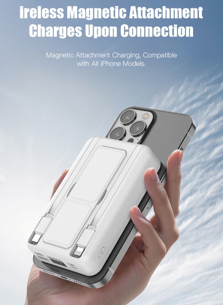 WST 10000mAh Wireless Magnetic Fast Charging Powerbank, Intelligent Digital Display, Integrated Stand, 2 Built-in-cables (1TypeC & 1Lightning), Other than Wireless -- 3Inputs & 4Outputs Ports for Charging - White  - Image 3