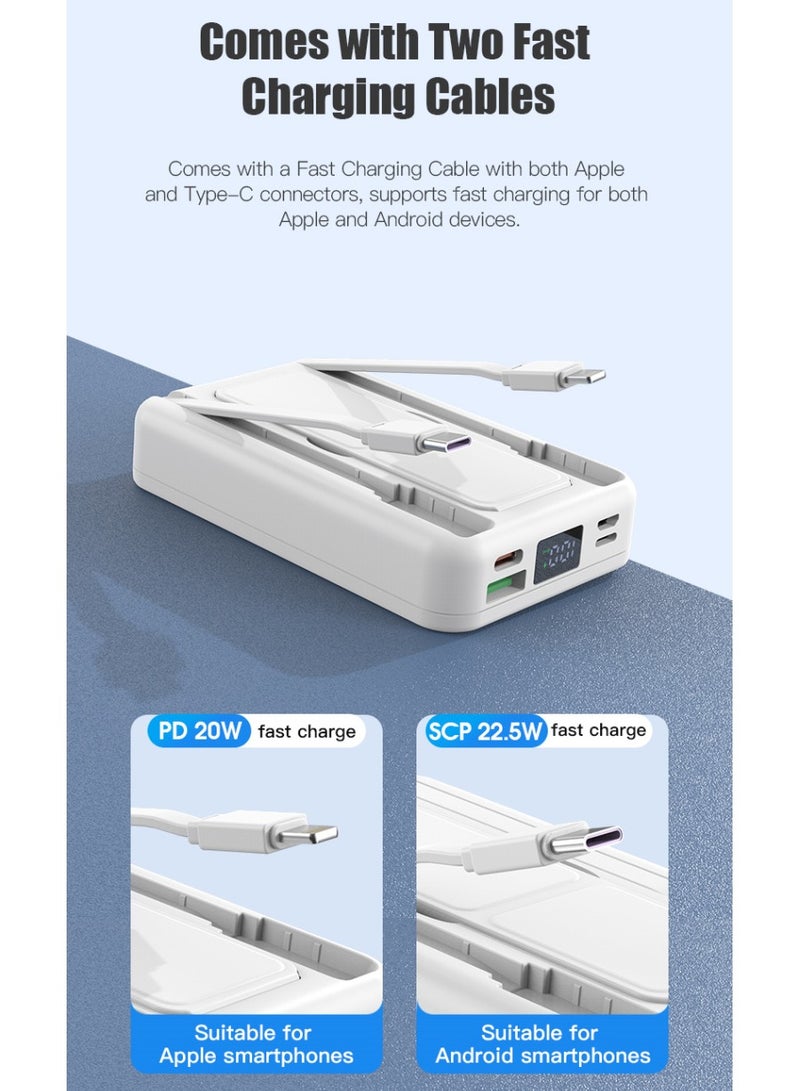 WST 10000mAh Wireless Magnetic Fast Charging Powerbank, Intelligent Digital Display, Integrated Stand, 2 Built-in-cables (1TypeC & 1Lightning), Other than Wireless -- 3Inputs & 4Outputs Ports for Charging - White  - Image 4