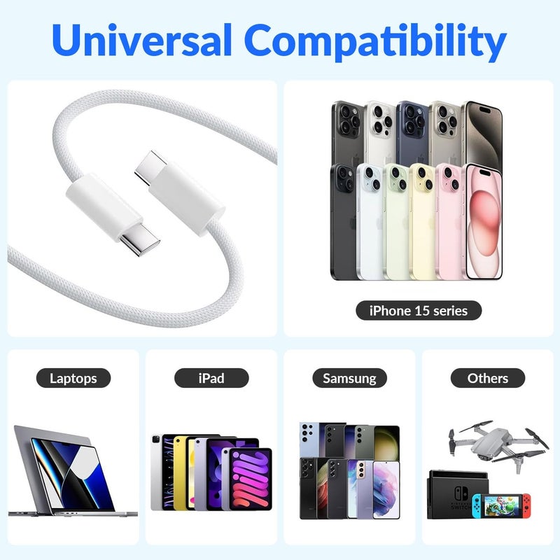 ONE TO FOUR USB C to USB C Cable 2 M, 60W Braided, Faster Charging Cord, Power Delivery PD Cable Type C, Compatible with iPhone 15/15 Pro/15 Plus/15 Pro Max,iPad Mini/Pro, MacBook Pro/Air, White - Image 5