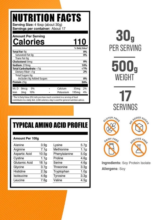 BulkSupplements.com Soy Protein Isolate Powder - Vegan Protein Powder, Unflavored - Pure & Gluten Free, 30g per Serving, 500g (1.1 lbs) (Pack of 1) - Image 2