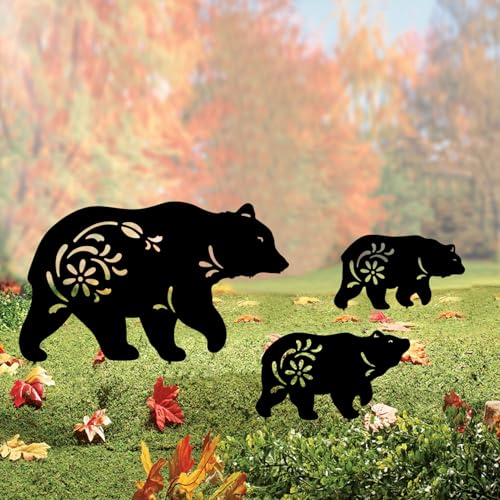 Hokfirm Outdoor Bear Garden Decor,Set of 3 Silhouette Metal Bear Statue Outdoor,Bear Garden Stakes for Outside (Bear Black) - Image 1