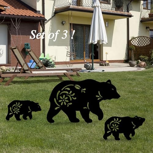 Hokfirm Outdoor Bear Garden Decor,Set of 3 Silhouette Metal Bear Statue Outdoor,Bear Garden Stakes for Outside (Bear Black) - Image 2