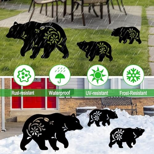 Hokfirm Outdoor Bear Garden Decor,Set of 3 Silhouette Metal Bear Statue Outdoor,Bear Garden Stakes for Outside (Bear Black) - Image 4