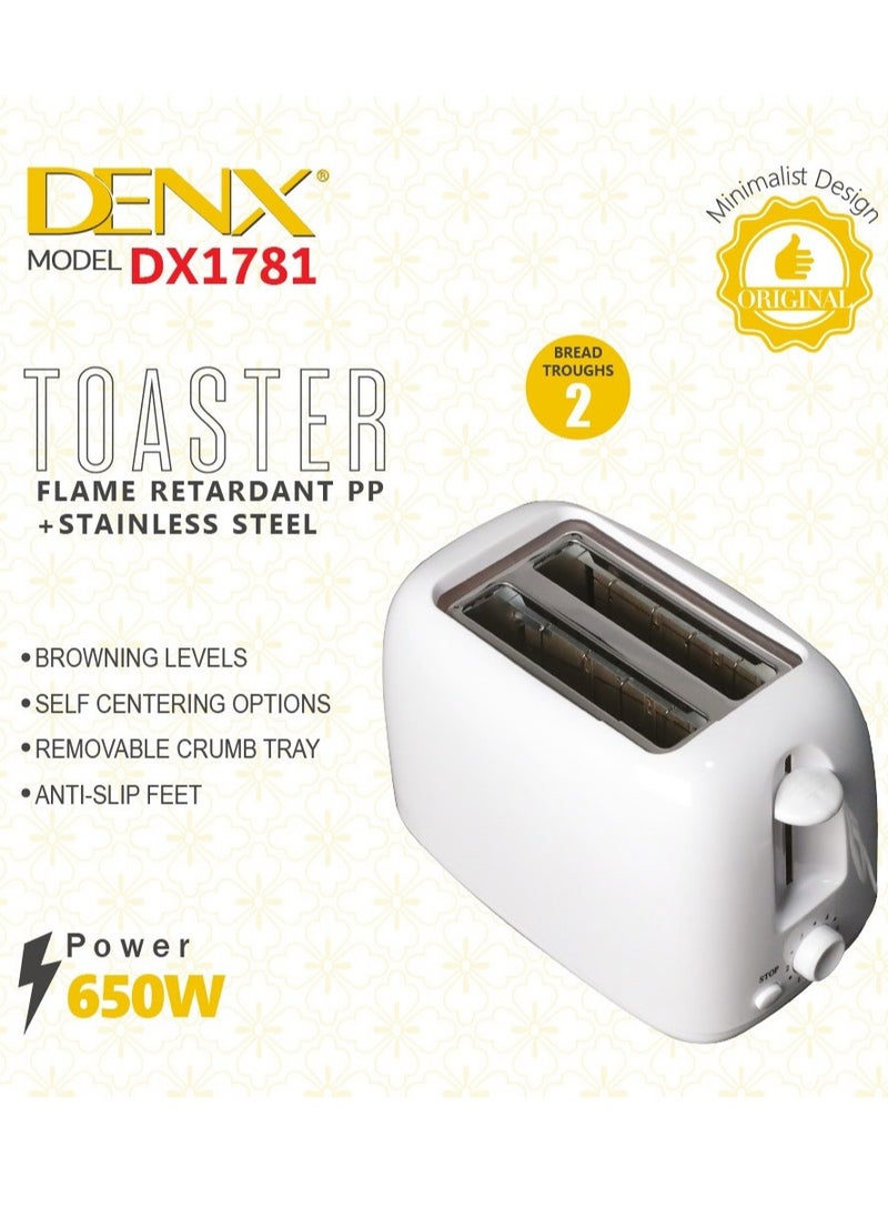 Denx 2-Slice Bread Toaster, 650 Watts, White  - Image 2