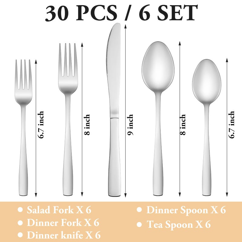 MUTNITT 30 Piece Silverware Set Service for 6,Premium Stainless Steel Flatware Set,Mirror Polished Cutlery Utensil Set,Durable Home Kitchen Eating Tableware Set,Include Fork Knife Spoon Set,Dishwasher Safe - Image 2