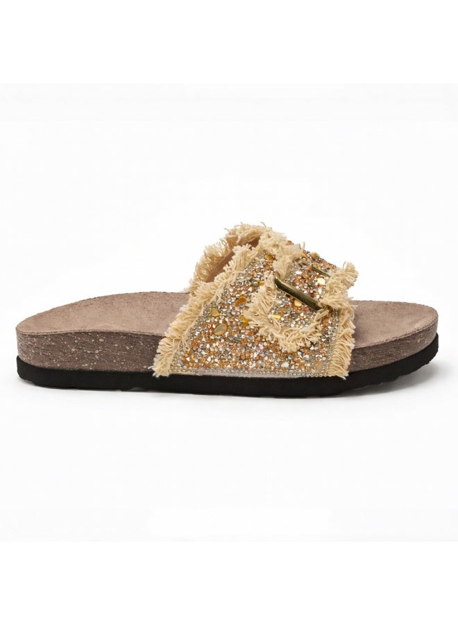 Women's slippers adorned with gold crystals and a metal buckle - Image 2